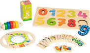 Goki Geschenkset Holzspielzeug mit Zahlenpuzzle, Motorikspielzeug und Lernkarten für Kinder ab 2 Jahren