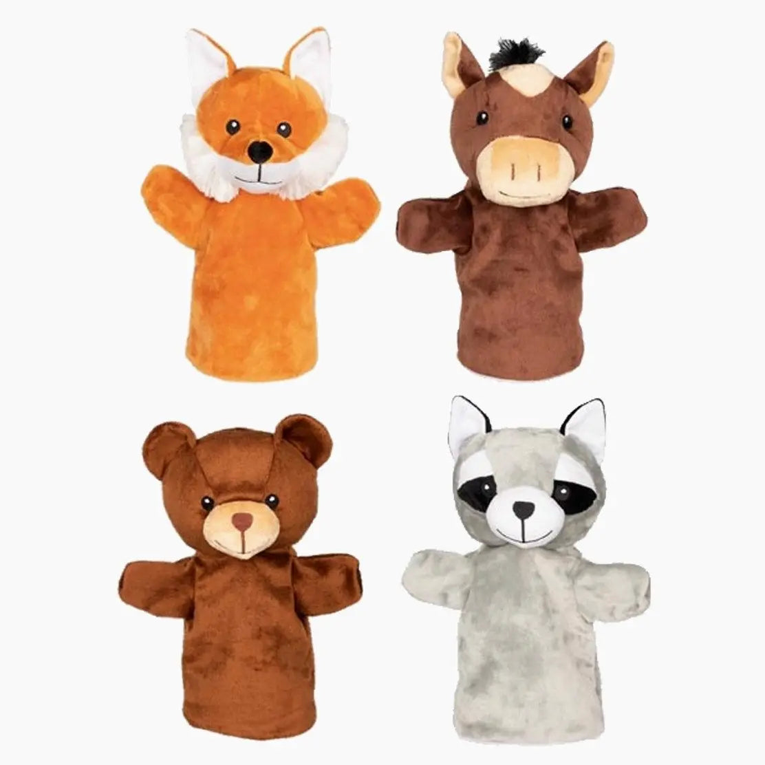 Goki Handpuppen Tiere – Fuchs, Esel, Bär und Waschbär als 28 cm große Plüsch-Handspielpuppen