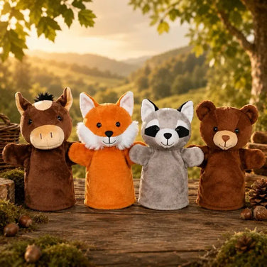 Goki Handpuppen Tiere 28 cm – Fuchs, Esel, Waschbär und Bär als weiche Handspielpuppen für Kinder