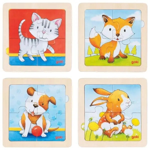 Goki Hintergrundbildpuzzle Tiere aus Holz mit Katze, Fuchs, Hund und Hase für Kinder