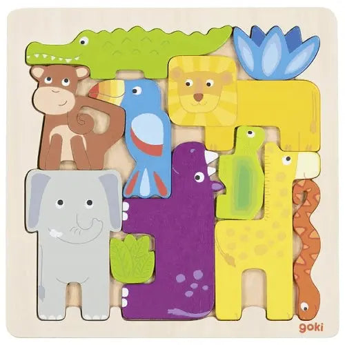 Holzpuzzle Safari Tiere komplett von Goki für Kinder mit Giraffe, Elefant, Krokodil, Löwe und Affe, Lernspielzeug zur Förderung von Motorik, Formen und Farben ab 1 Jahr