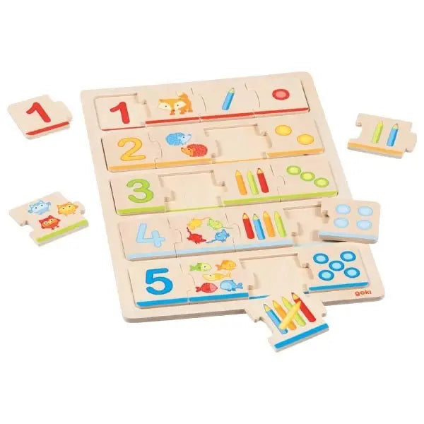 Goki Lernpuzzle Zahlen 1 bis 5 aus Holz mit herausnehmbaren Puzzleteilen zum Zahlen- und Mengenlernen