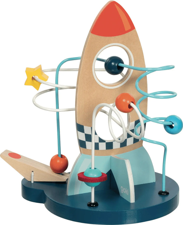 Goki Motorikschleife Rakete im Weltraum-Design – Motorikspielzeug aus Holz für Kinder