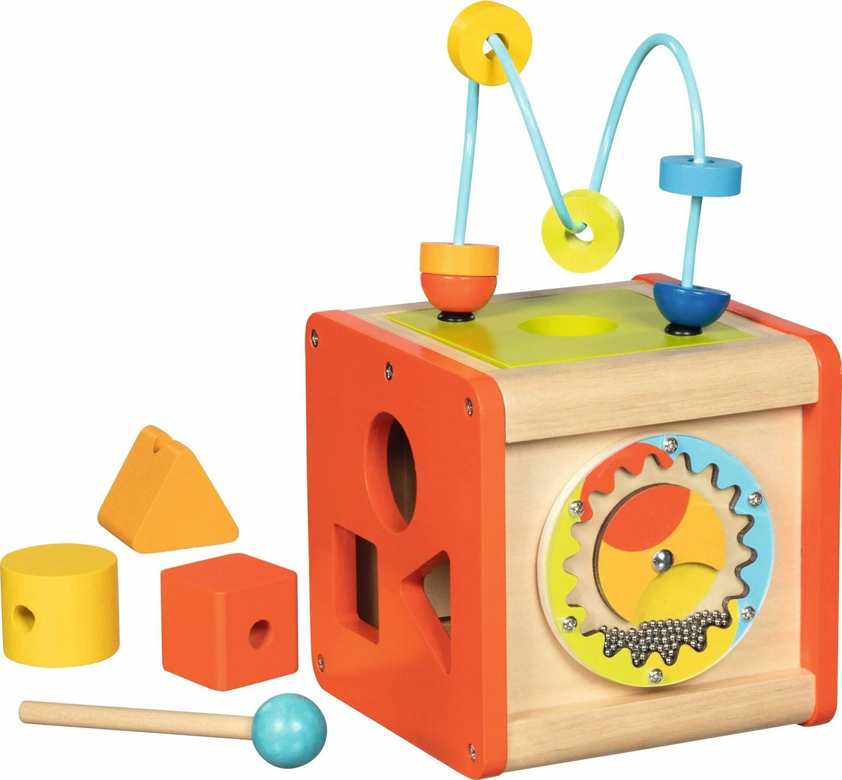 Goki Motorikwürfel aus Holz mit Motorikschleife, Steckspiel und bunten Spielelementen für Kinder