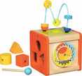 Goki Motorikwürfel aus Holz mit Motorikschleife, Steckspiel und bunten Spielelementen für Kinder