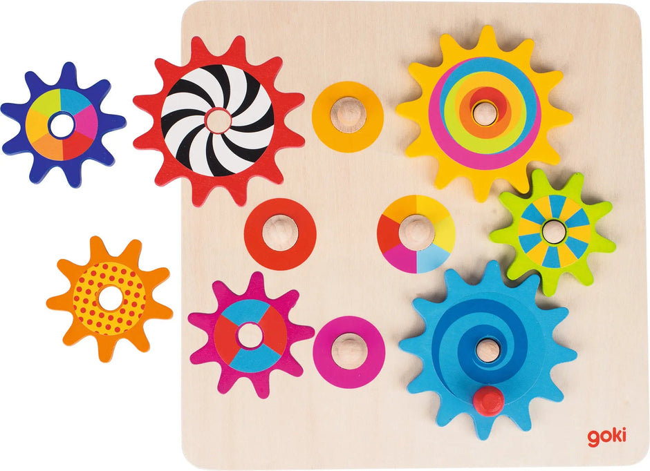 Goki Zahnradspiel aus Holz mit bunten Zahnrädern – Motorikspielzeug für Kinder