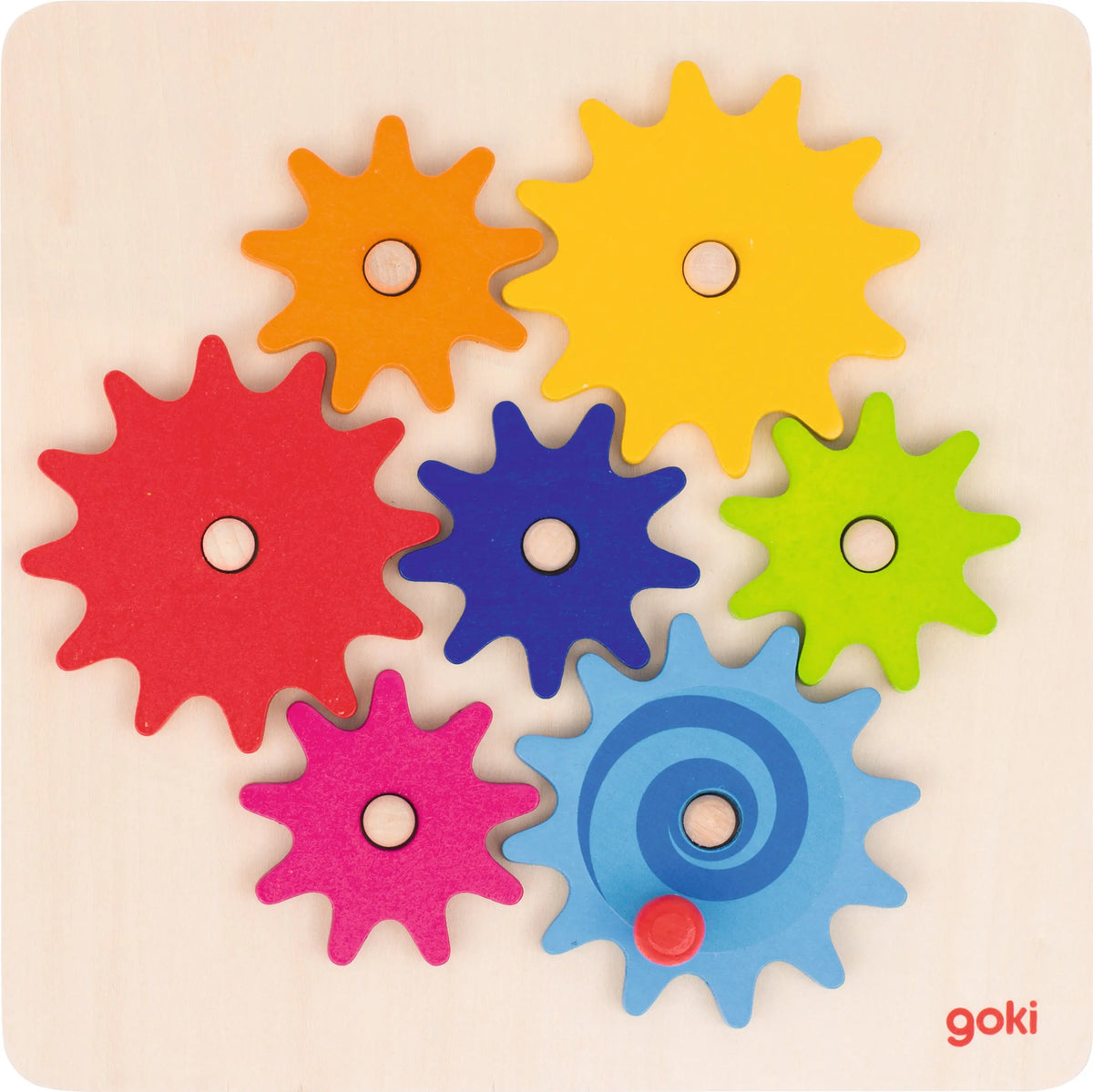 Goki Zahnradspiel aus Holz mit bunten Zahnrädern – Rückseite der Zahnräder und Motorikspiel