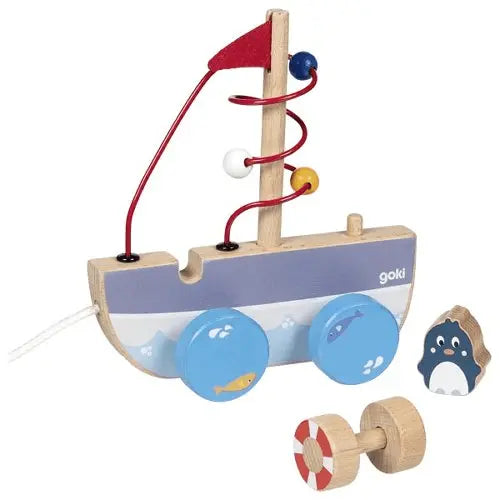 Holz Ziehschiff Kinder Spielzeug von Goki mit Motorikschleife, bunten Perlen und Rädern, Lernspielzeug für Kleinkinder ab 1 Jahr