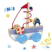 Ziehschiff aus Holz mit Motorikschleife als Nachziehspielzeug für Kinder ab 1 Jahr mit maritimem Design