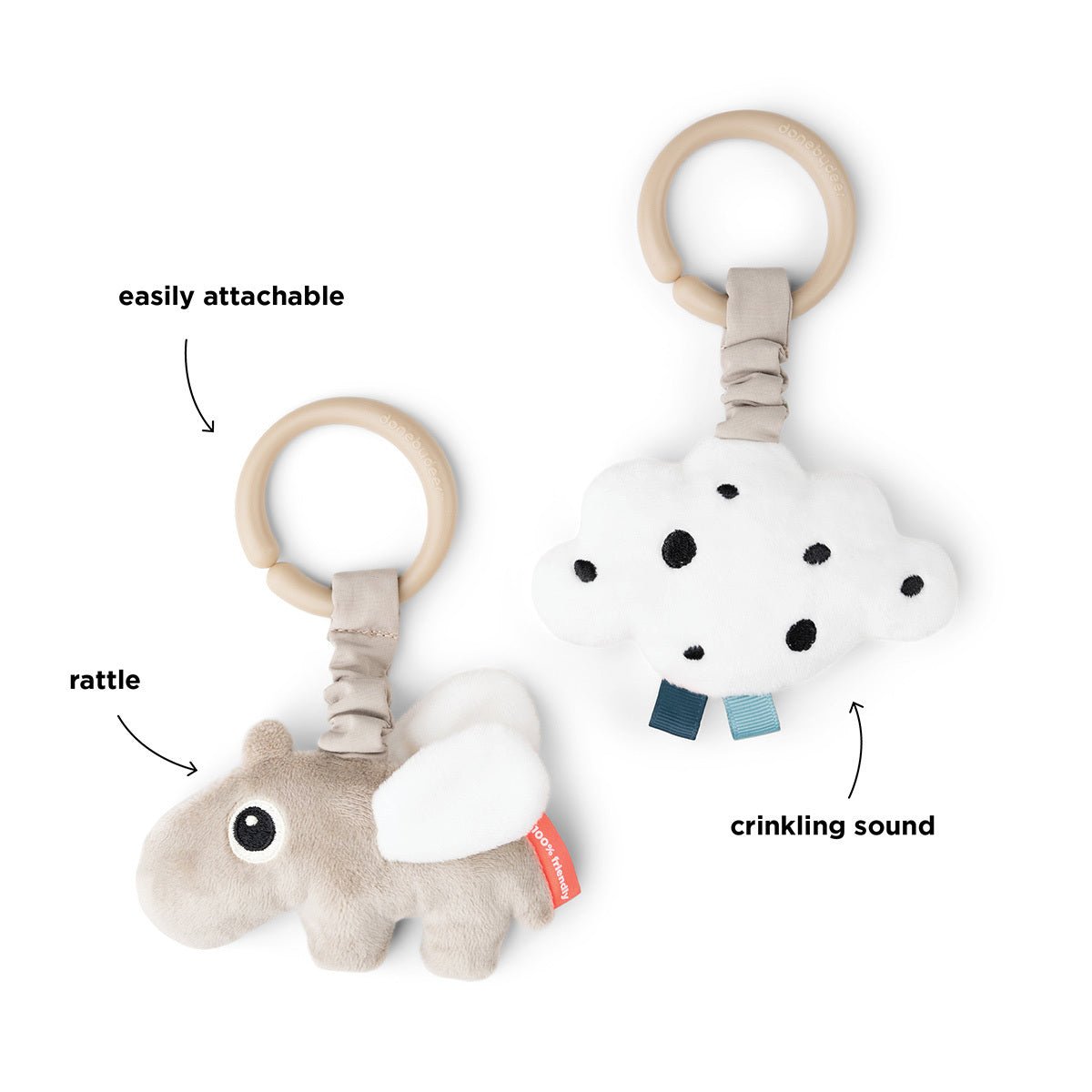 Hängespielzeug 2er Set Wally Happy Clouds von Done by Deer mit Rassel und Knistergeräusch