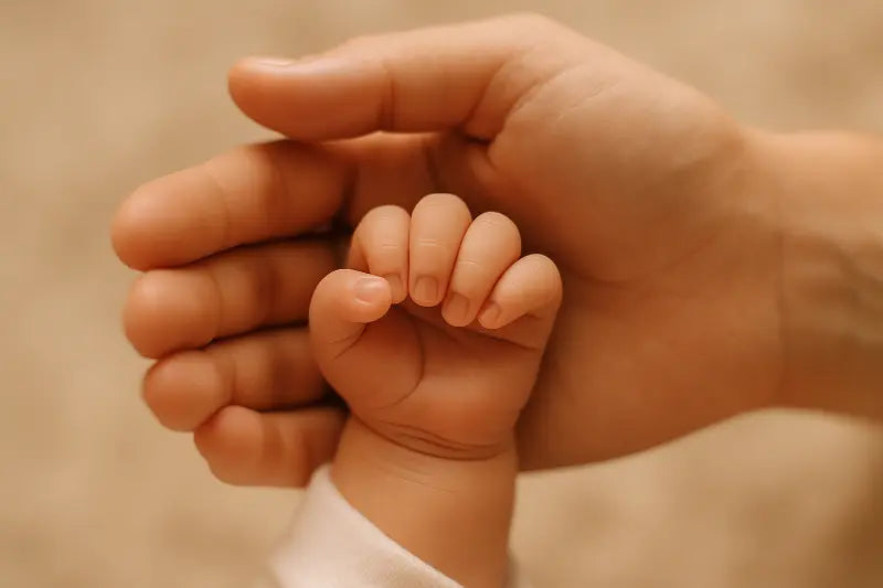 Nahaufnahme einer kleinen Babyhand, die sanft den Finger einer Erwachsenenhand umschließt – Symbol für Geborgenheit und Bindung, Bild von BabyLions.