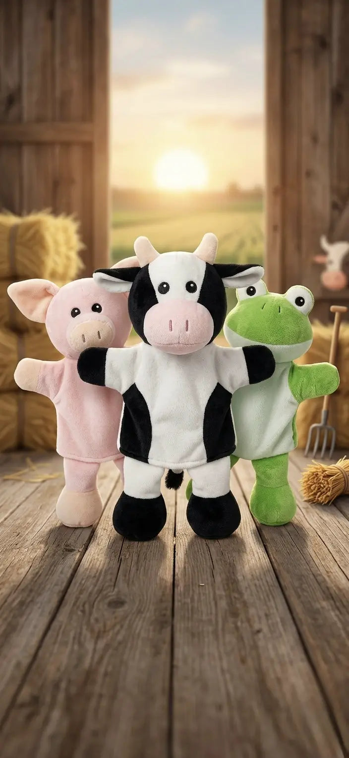 Handpuppen mit Kuh, Schwein und Frosch im Bauernhofdesign für Babys und Kinder – weiche Spiel- und Geschenkidee