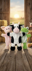 Handpuppen mit Kuh, Schwein und Frosch im Bauernhofdesign für Babys und Kinder – weiche Spiel- und Geschenkidee