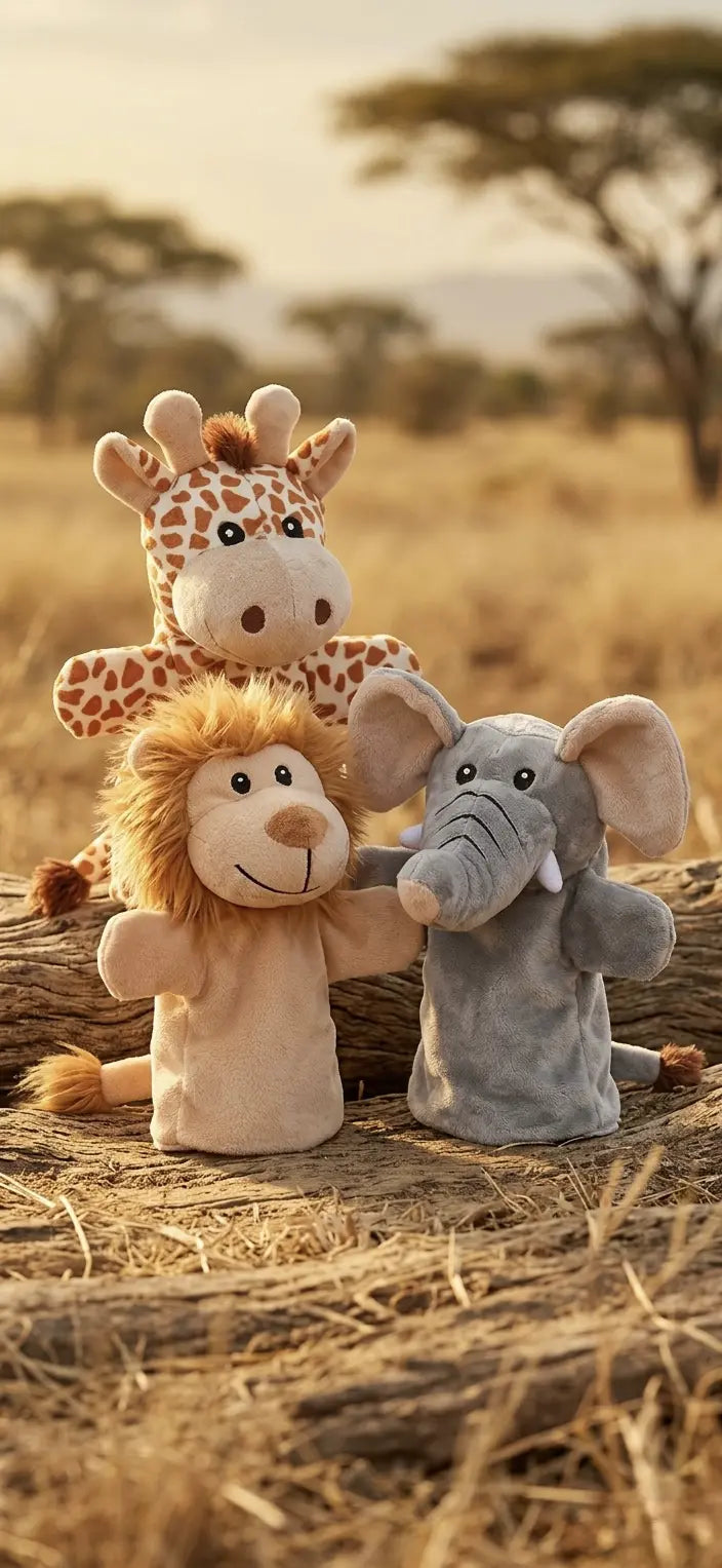 Safari Handpuppen mit Löwe, Elefant und Giraffe für Babys und Kinder – kuschelige Spiel- und Geschenkidee