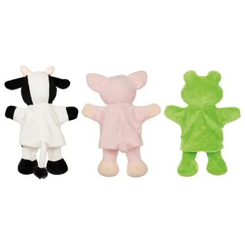 Handpuppen Set Rückansicht mit Kuh, Schwein und Frosch aus Stoff, geeignet für Kinder zum Rollenspiel und Erzählen von Geschichten