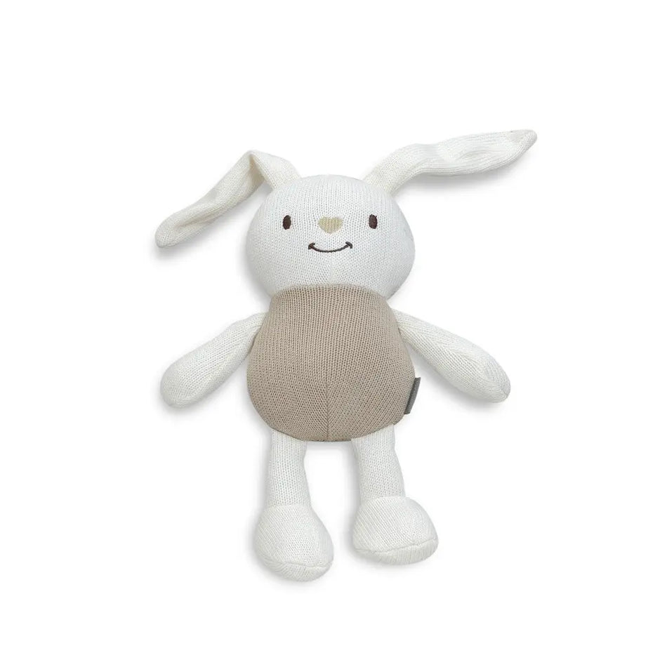 Beiges Hasen-Kuscheltier aus der Don Algodón Kollektion mit langen Schlappohren und cremeweißen Armen und Beinen – Teil des Baby Geschenksets mit Decke.