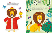 Illustration aus dem Magellan Bilderbuch mit Herr Löwe als König in Rot und bunten Dschungeltieren