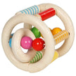 Bunter Baby-Greifling aus Holz mit naturfarbenen Ringen, beweglichen Holzkugeln und farbenfrohen Stäben zum Greifen, Fühlen und Entdecken.