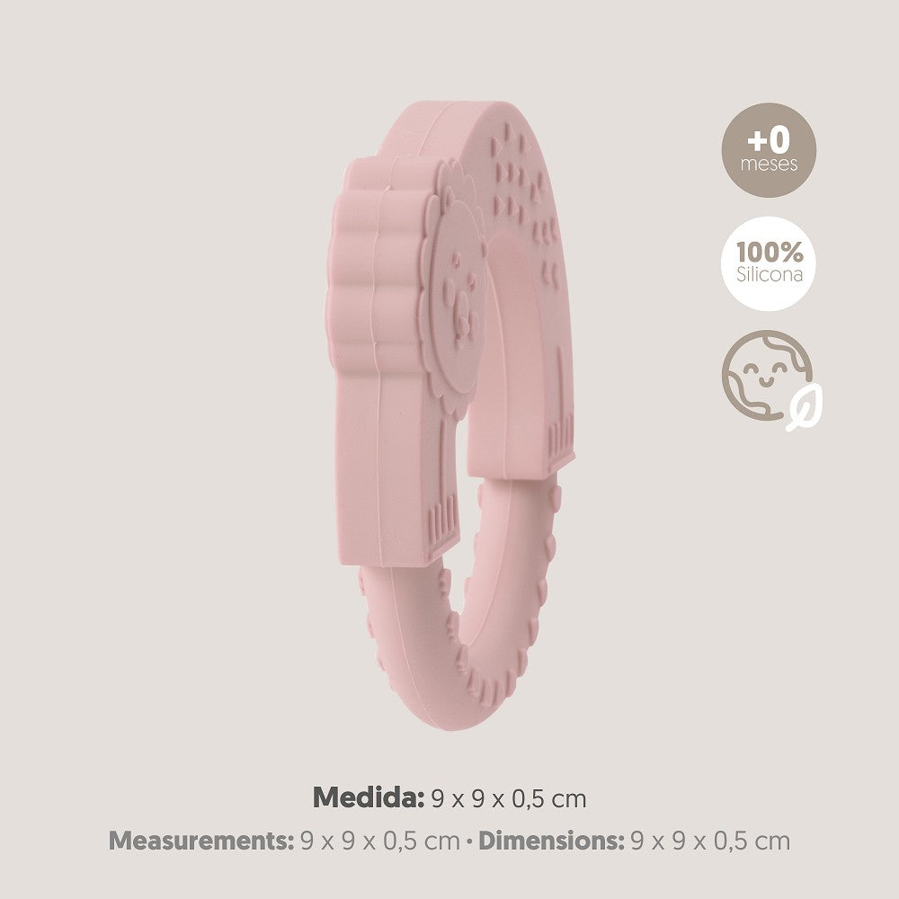 Interbaby Silikon Beißring Löwe in Rosa, Seitenansicht mit Maßen 9 x 9 x 0,5 cm – BPA-freie Zahnungshilfe aus lebensmittelechtem Silikon für Babys