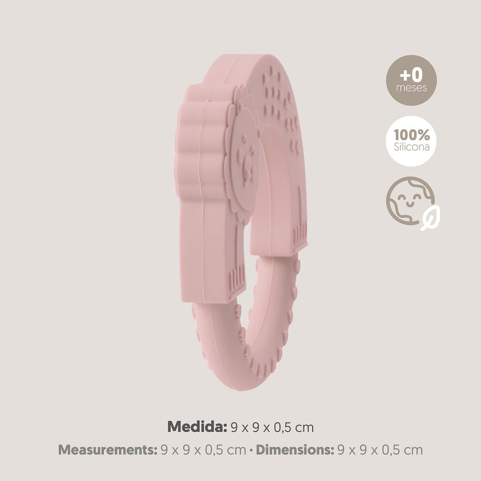Interbaby Silikon Beißring Löwe in Rosa, Seitenansicht mit Maßen 9 x 9 x 0,5 cm – BPA-freie Zahnungshilfe aus lebensmittelechtem Silikon für Babys