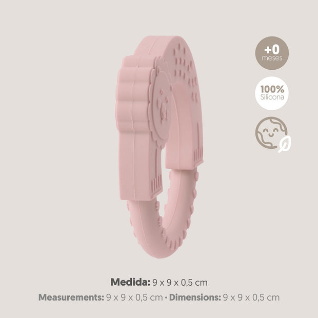 Interbaby Silikon Beißring Löwe in Rosa, Seitenansicht mit Maßen 9 x 9 x 0,5 cm – BPA-freie Zahnungshilfe aus lebensmittelechtem Silikon für Babys