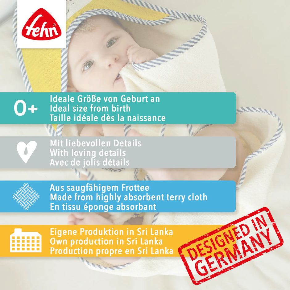 Baby Kapuzenhandtuch aus saugfähigem Frottee, weich und hautfreundlich, ideal für Neugeborene ab Geburt
