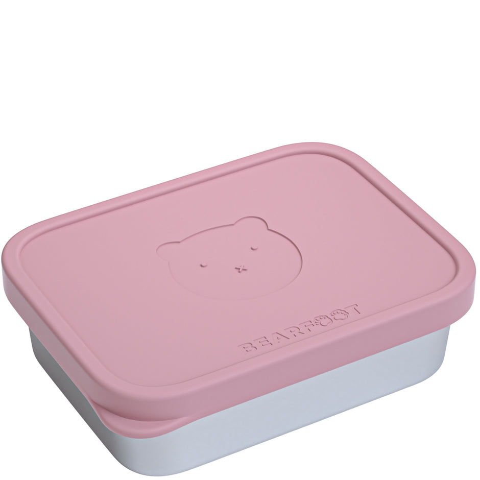 Rosa Kinder-Brotdose aus Edelstahl mit weichem Silikondeckel und Bärenmotiv, auslaufsicher und lebensmittelecht