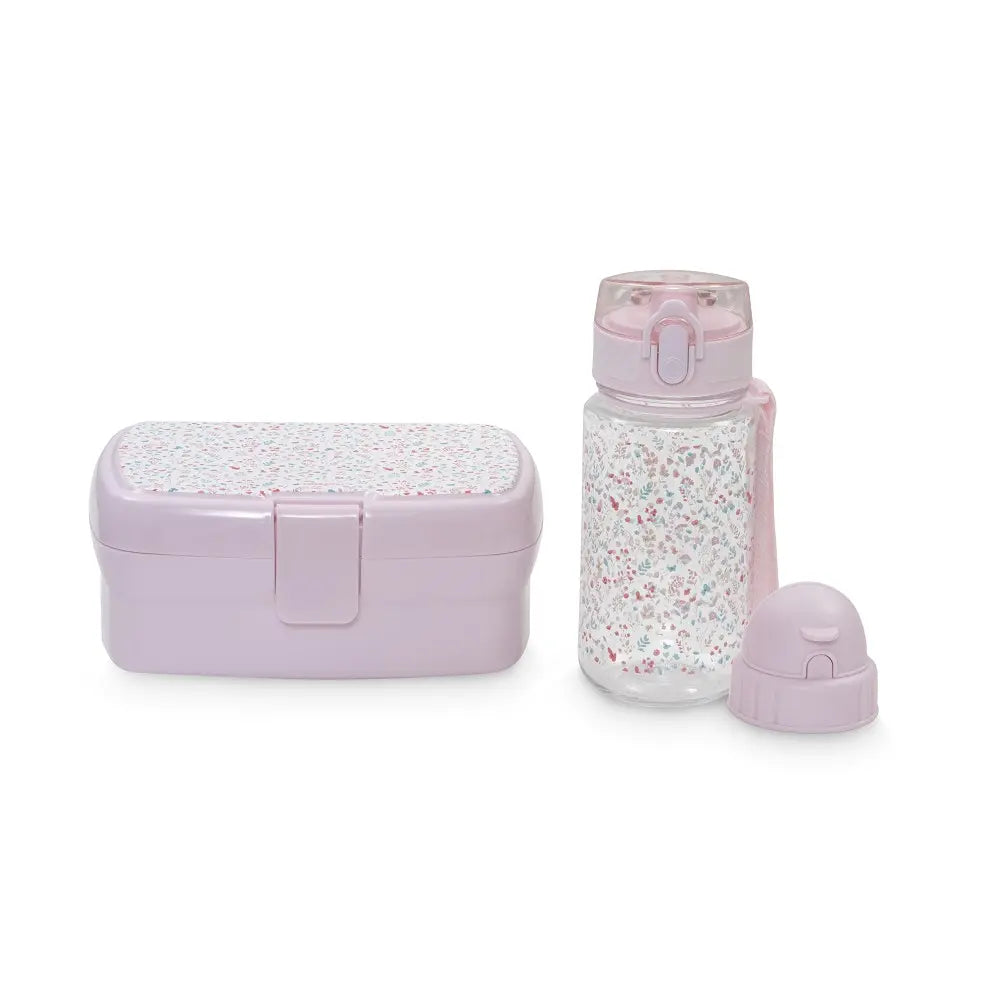 Interbaby Kinder Lunchbox und Trinkflasche im Blumen-Design Rosa mit 700 ml Brotdose und 350 ml Tritan-Flasche