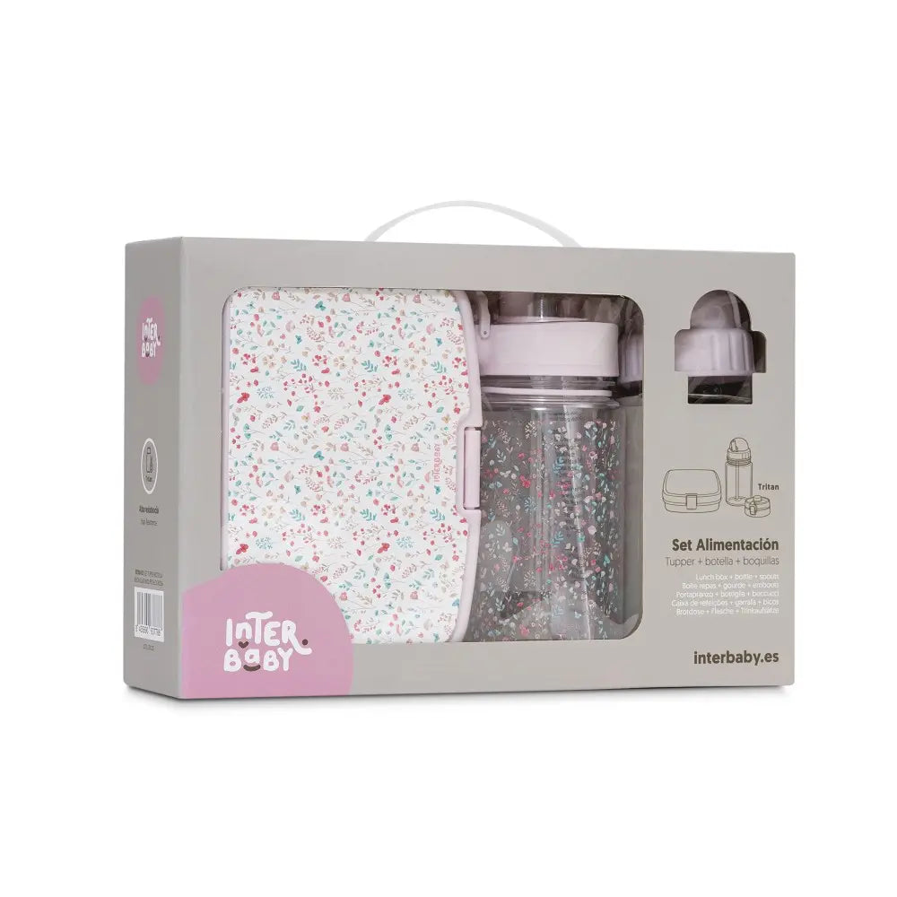 Interbaby Kinder Lunchbox & Trinkflaschen Set Blumen Rosa mit 700 ml Brotdose und 350 ml Tritan Flasche in Verpackung