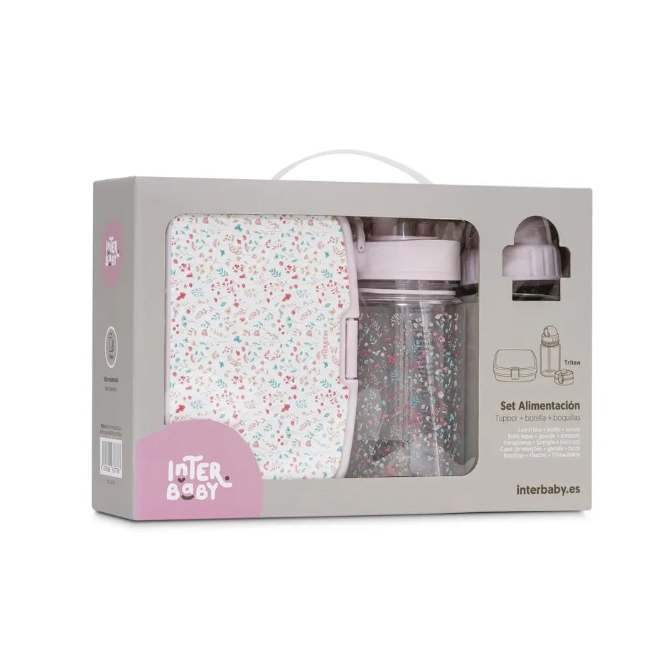 Interbaby Kinder Lunchbox & Trinkflaschen Set Blumen Rosa mit 700 ml Brotdose und 350 ml Tritan Flasche in Verpackung