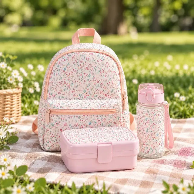 Kinder Rucksack Blumen Rosa mit Brotdose und Trinkflasche im Set
