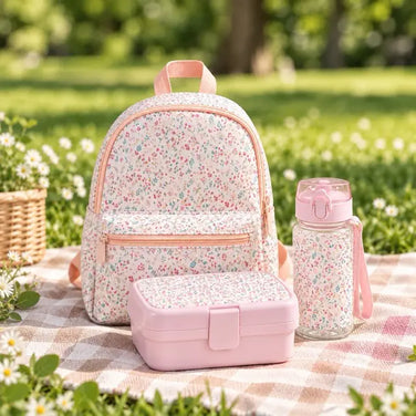 Kinder Rucksack Blumen Rosa mit Brotdose und Trinkflasche im Set