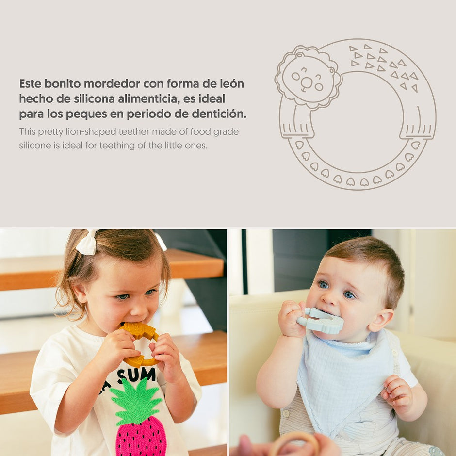 Kinder benutzen Silikon Beißring mit Löwenmotiv – BPA-freies Zahnungsspielzeug für Babys und Kleinkinder