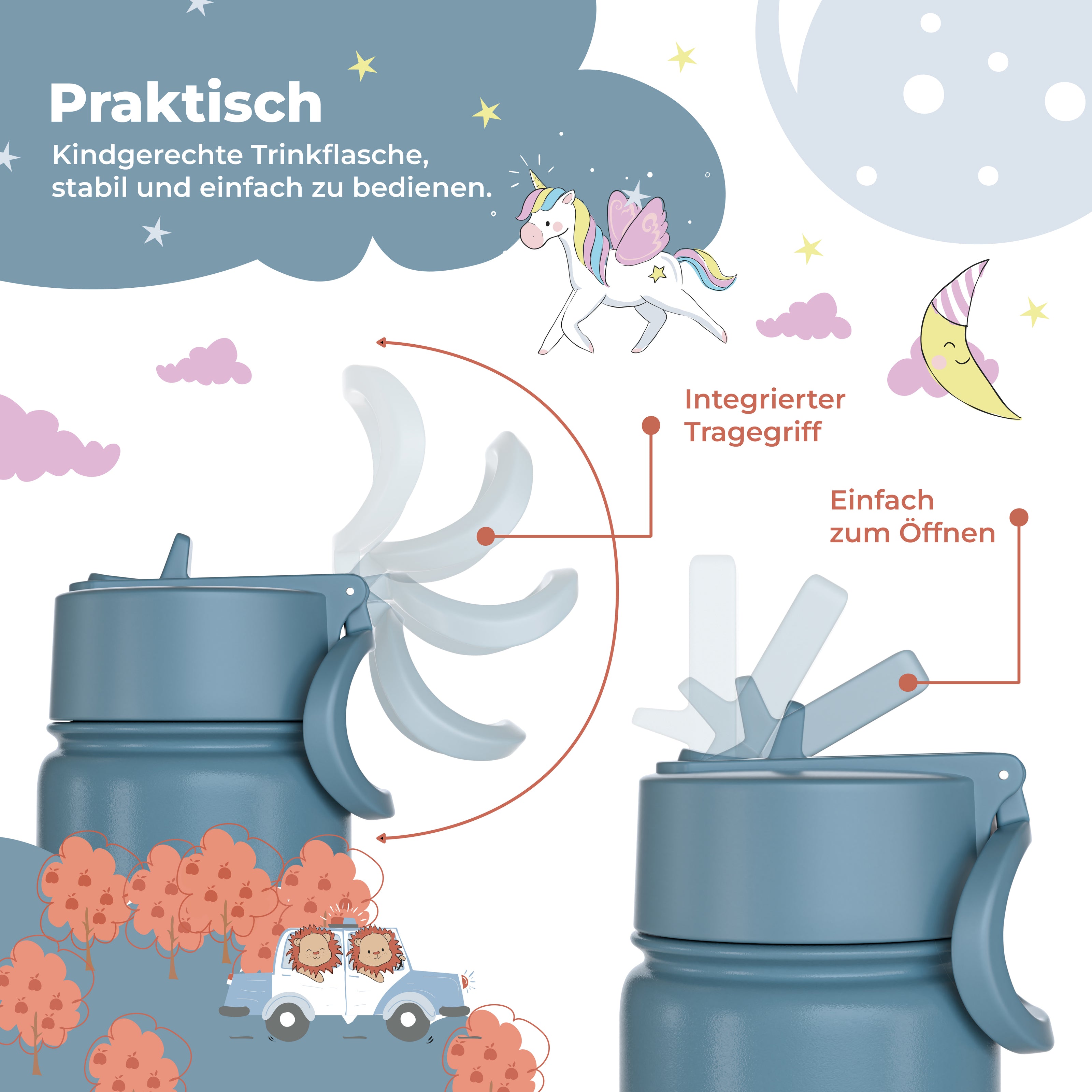 Blaue Kinder-Trinkflasche mit integriertem Tragegriff und leicht zu öffnendem Deckel – robuste, kindgerechte Edelstahlflasche für Kindergarten, Schule und unterwegs