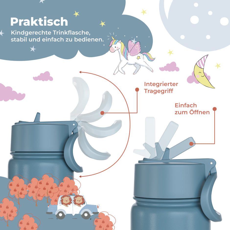Blaue Kinder-Trinkflasche mit integriertem Tragegriff und leicht zu öffnendem Deckel – robuste, kindgerechte Edelstahlflasche für Kindergarten, Schule und unterwegs