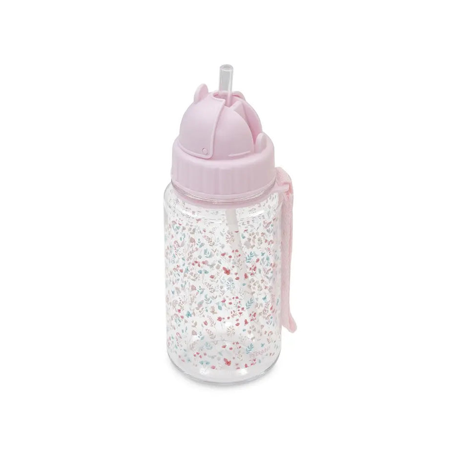 Kinder Trinkflasche Blumen Rosa 350 ml mit Strohhalm-Aufsatz und Tragegurt