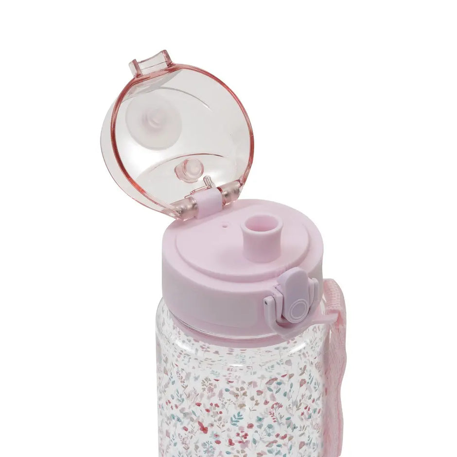 Kinder Trinkflasche Blumen Rosa 350 ml mit geöffnetem Trinkverschluss und Tragegurt