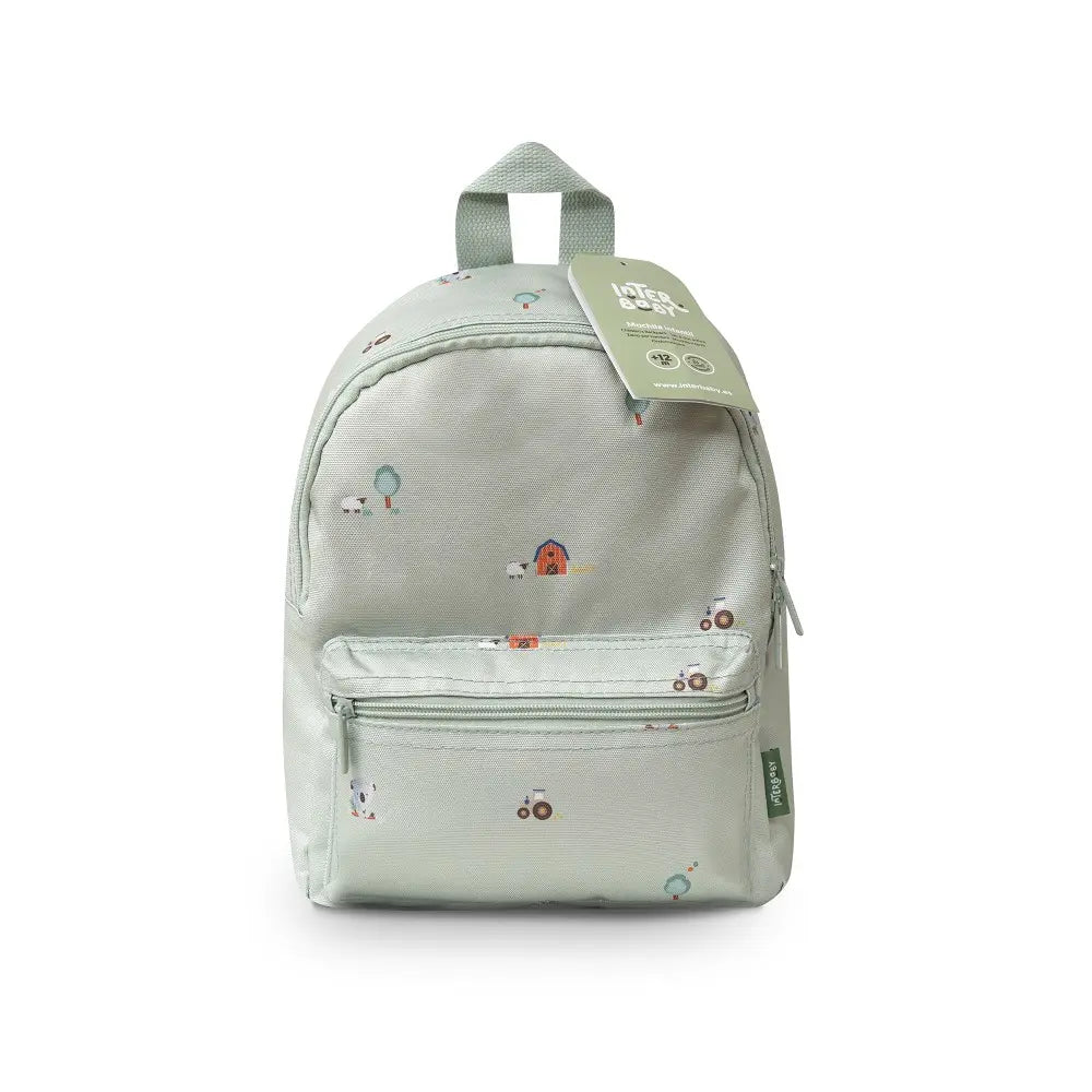 Mintgrüner Kinderrucksack mit Bauernhof-Motiv in Vorderansicht – ideal für Kindergarten, Kita und Ausflüge.