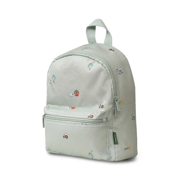 Mintgrüner Kinderrucksack mit Bauernhof-Motiv und Fronttasche für Kindergarten und Ausflüge.