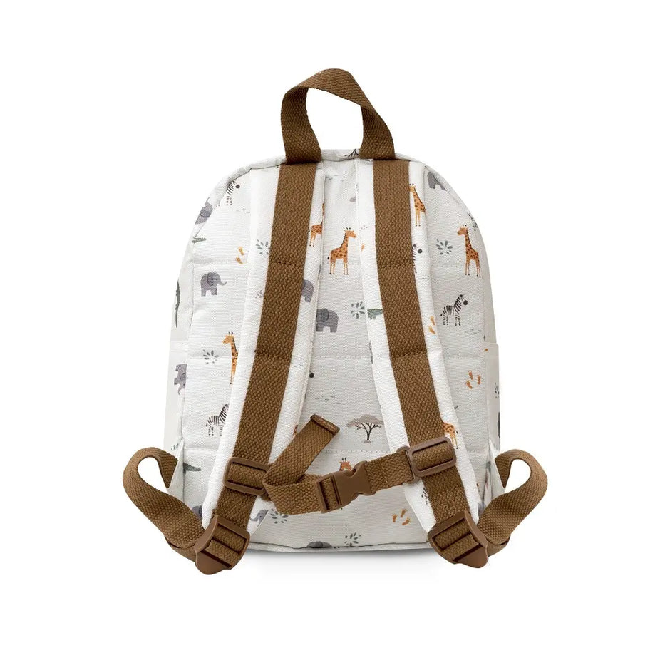 Rückansicht des weißen Kinderrucksacks mit Safari-Motiv und verstellbaren Schultergurten für Kindergarten und Kita.
