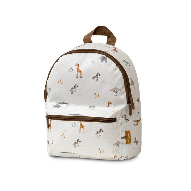 Weißer Kinderrucksack mit Safari-Motiv aus Giraffe, Zebra und Elefant – ideal für Kindergarten, Kita und Ausflüge.