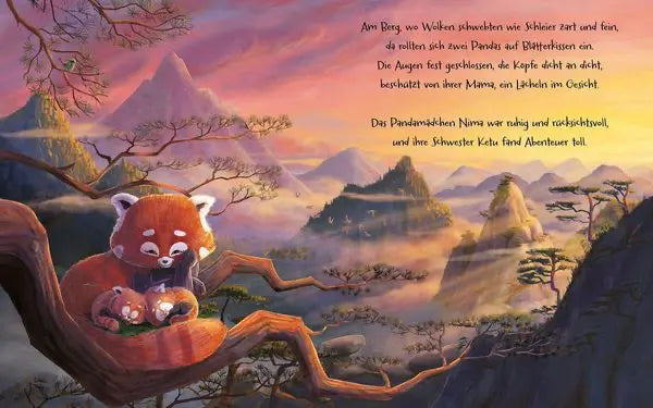 Illustration aus dem Magellan Bilderbuch mit den Roten Pandas Nima und Ketu in einer Berglandschaft