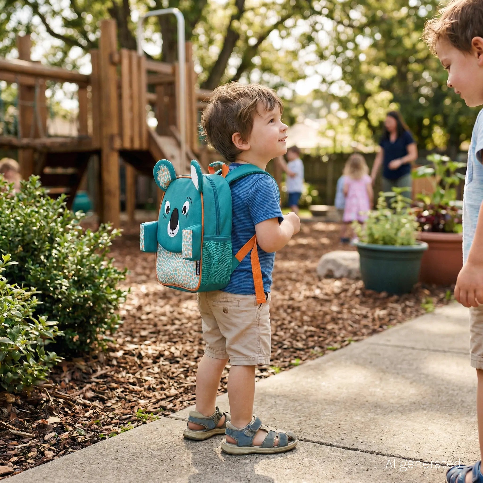 Kleinkind trägt einen türkisfarbenen Koala Kinderrucksack auf dem Weg zum Kindergarten oder Spielplatz