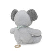 Graues Koala Kuscheltier mit integrierter Spieluhr und Zugring, weichem Plüsch und Halstuch – Rückansicht.