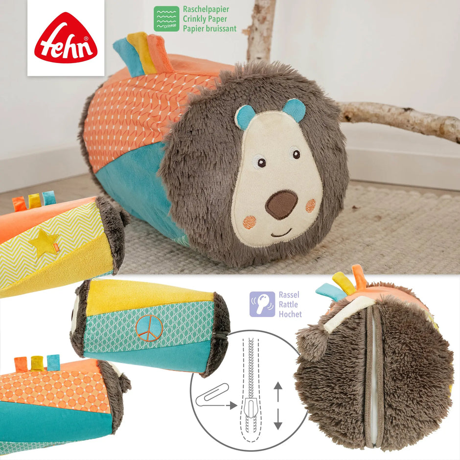 Baby Krabbelrolle Löwe – Motorikspielzeug mit Raschelpapier, Rassel und Reißverschluss, fördert Sinne und Bewegung