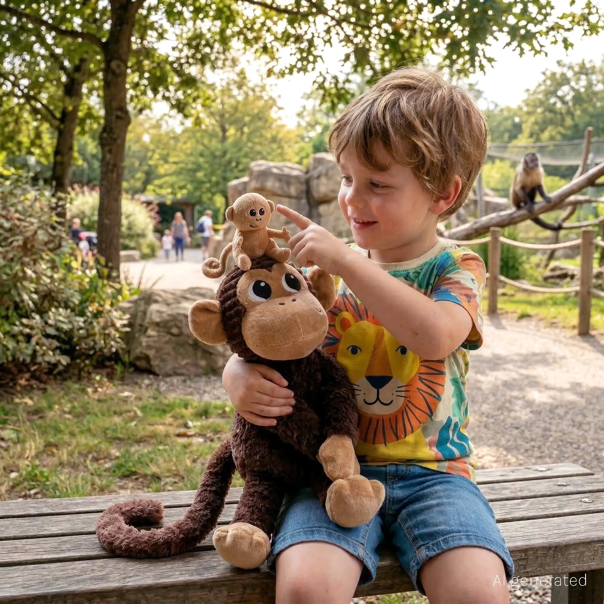 Kleinkind sitzt auf einer Bank und spielt mit einem Affen Kuscheltier Mama und Baby aus weichem Plüsch