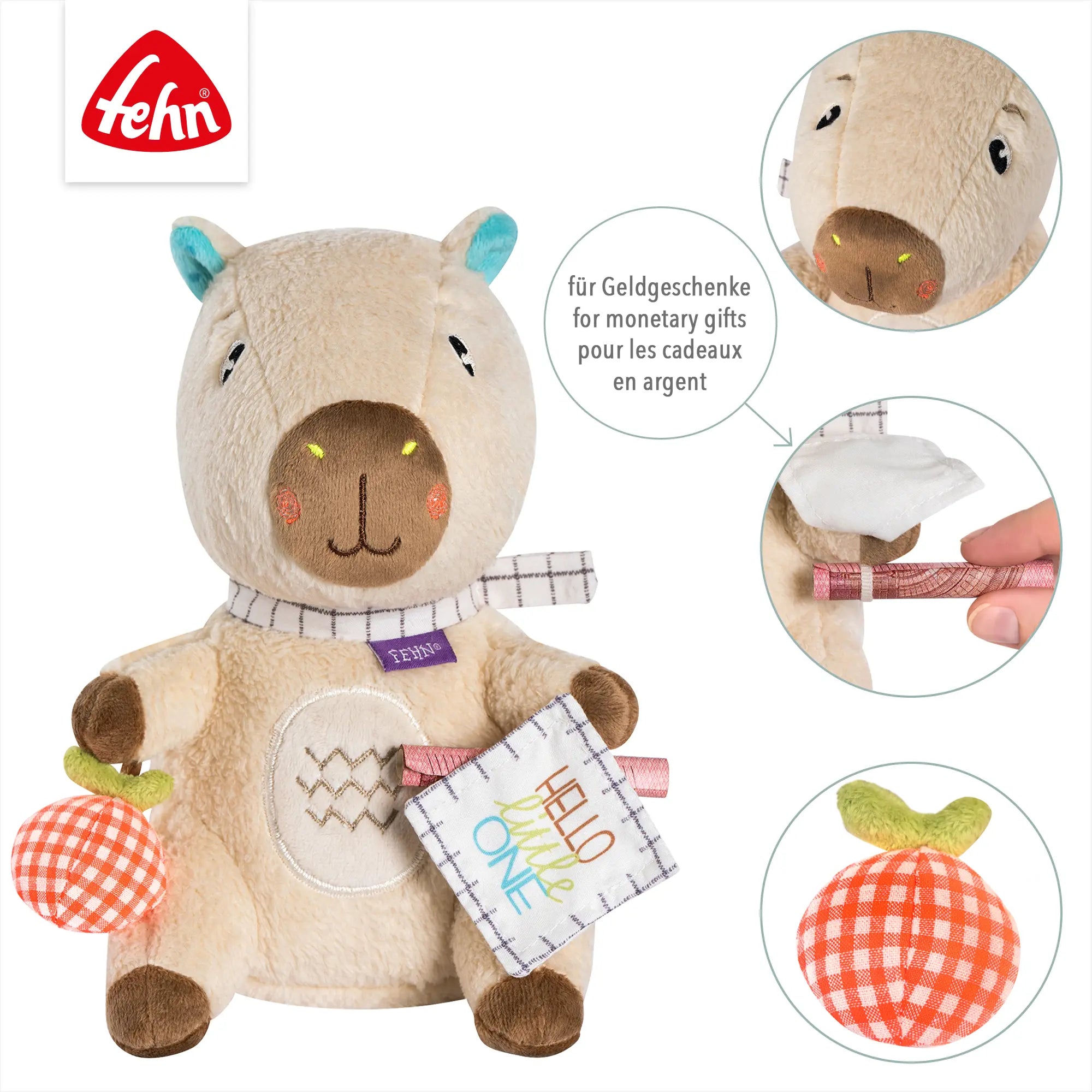 Kuscheltier Baby Capybara Fehn Hello Little One – Plüschtier mit Geldgeschenk-Fach und Greifelementen