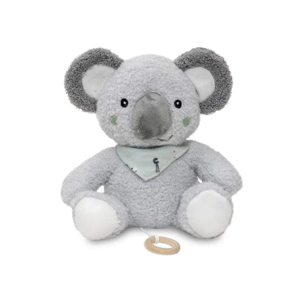 Musikalisches Koala Kuscheltier mit integrierter Spieluhr, weichem grauem Plüsch, Halstuch und Zugring für Babys.