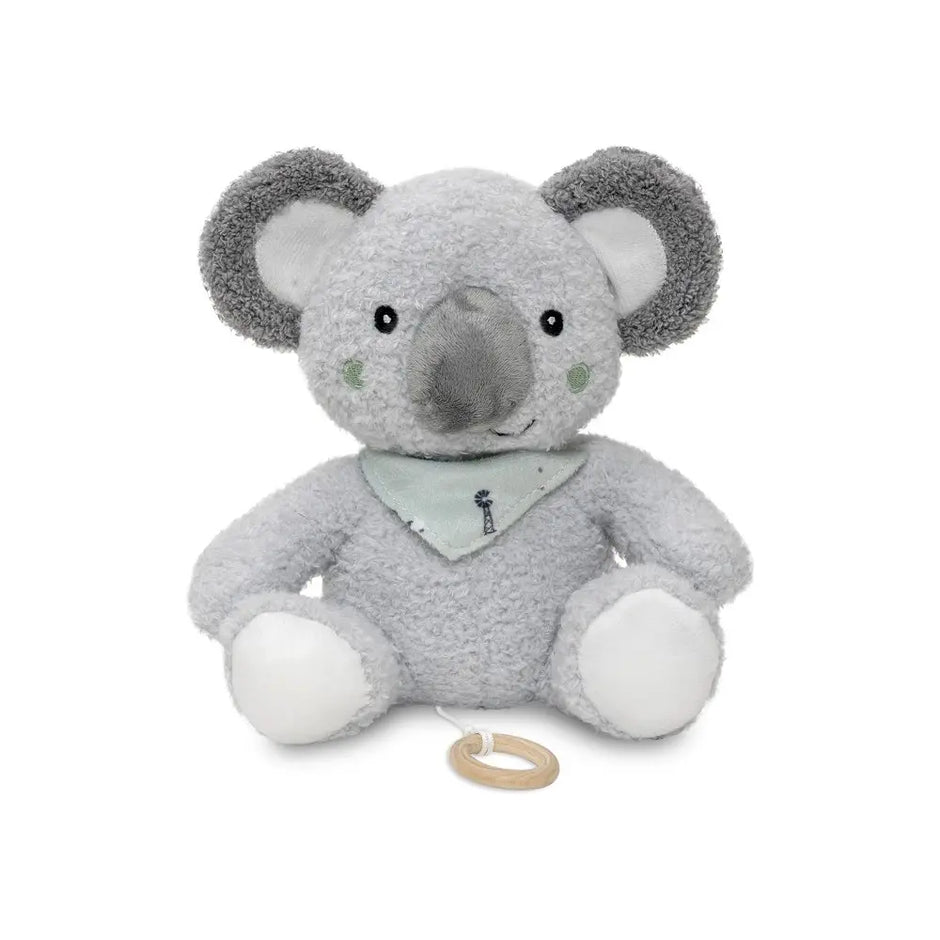 Musikalisches Koala Kuscheltier mit integrierter Spieluhr, weichem grauem Plüsch, Halstuch und Zugring für Babys.