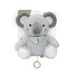 Koala Kuscheltier in Grau mit Halstuch, integrierter Spieluhr und Zugring – Vorderansicht mit Originalverpackung.